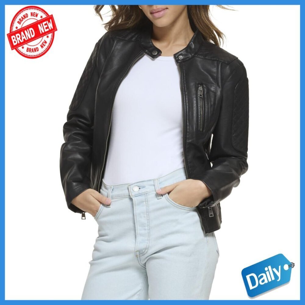 Faux Leather Motocross Racer Jacket with Zipper Pockets